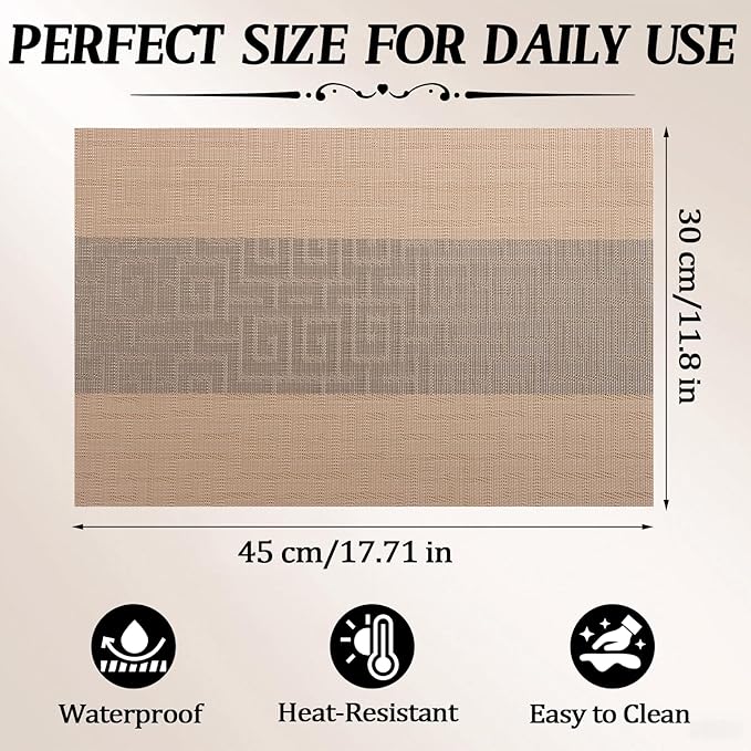 Timeet Placemats Set of 8, Heat Resistant Non-Slip Place Mats for Dining Table, Durable Washable PVC Vinyl Woven Table Mats, Resistant Kitchen Placemats Easy to Clean(Beige & Gray