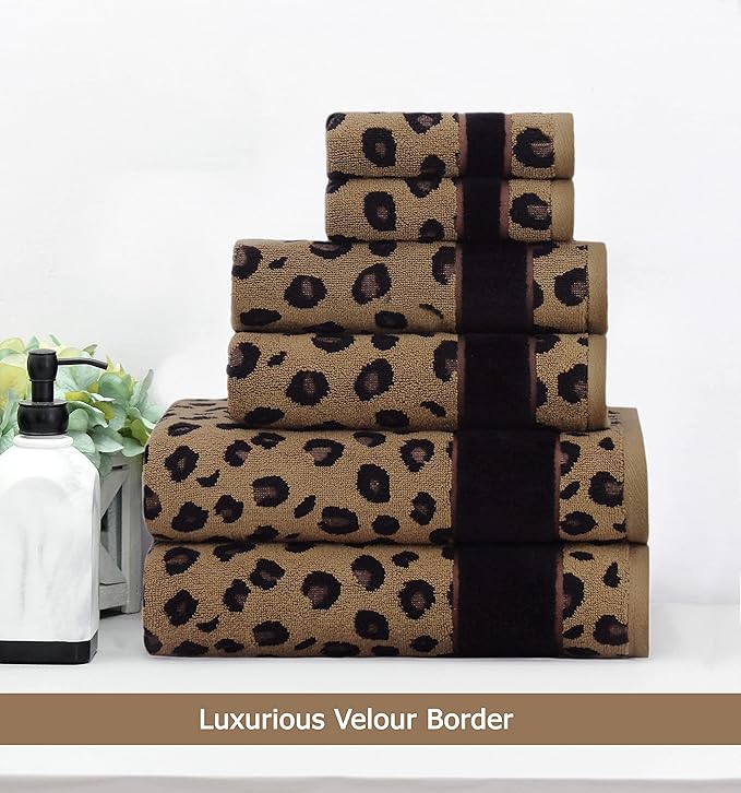 COTTON CRAFT 6 Piece Towel Set - Animal Print Leopard Cheetah Africa Safari 100% Cotton Jacquard 2 Bath Towel, 2 Hand Towel, 2 Washcloth Soft Absorbent Luxury Decorative Guest Towel Bathroom Towel Set