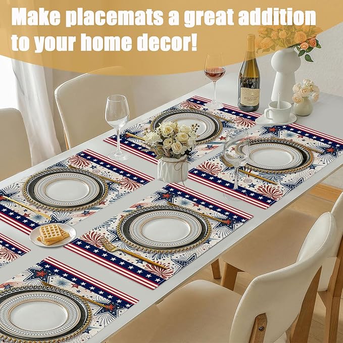 4th of July Placemats Set of 6, American Star Linen Place Mat Washable Stain Resistant Table Mats for Farmhouse Kitchen Dining Holiday Party Wedding Decor 12x18 Inch