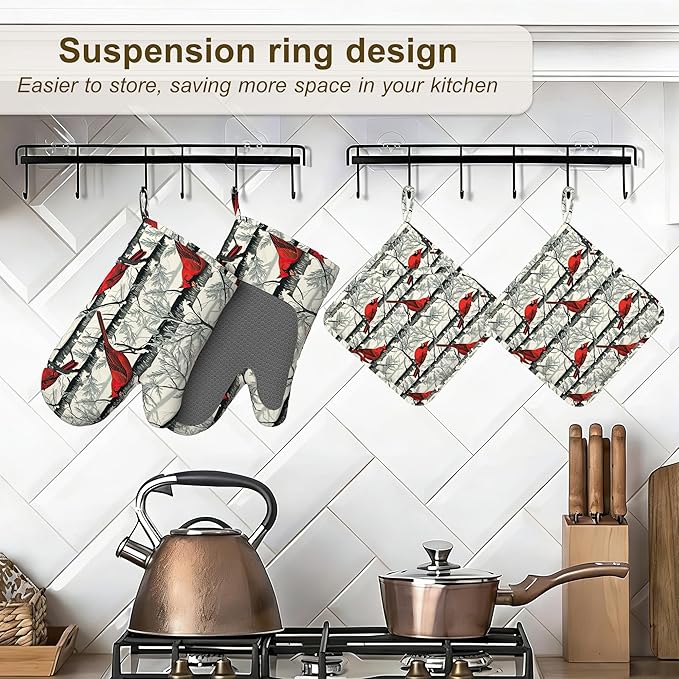 Red Cardinal Birds Oven Mitts and Pot Holders Set of 4,Kitchen Glove Heat Resistant Oven Mitts with Non-Slip Silicone for Baking, Cooking, BBQ