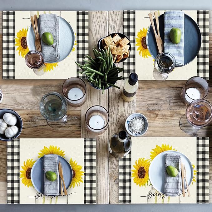 Niviy Sunflower Placemats Set of 4, 12x18 Inch Sunshine Vase Summer Spring Table Mats for Holiday Party Kitchen Dining Room Decoration