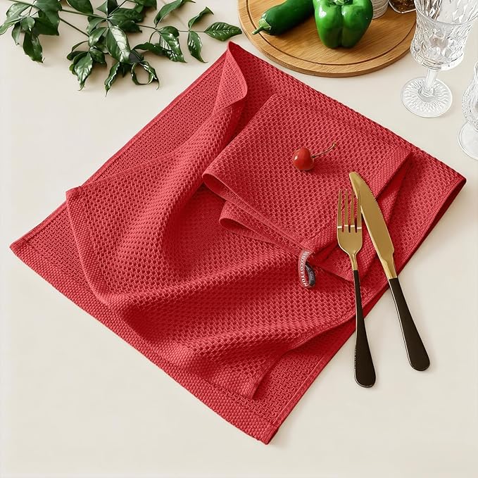 Kitinjoy 100% Cotton Kitchen Towels and Dishcloths Set, 10 Pack-13" x 28" and 12" x 12" Waffle Weave Dish Towels, Ultra Soft Absorbent Quick Drying Dish Rags, Red