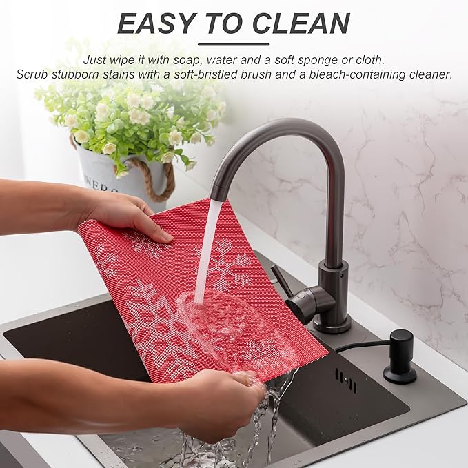 CADONO Placemats Set of 4 Washable Indoor/Outdoor Vinyl Place Mats for Dining Table Durable Non-Slip Heat Resistant PVC Weave Table Mats（Christmas Snow-Red）