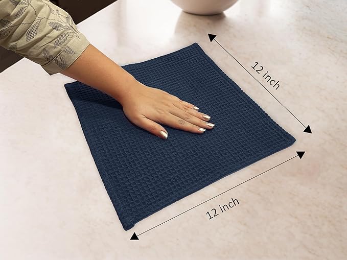 Encasa XO' Waffle Weave Face & Hand Towels – 12"x12", Navy Washcloths Set of 12 – Quick Drying for Bathroom, Gym, Kitchen & Travel – Small Reusable Dish Cloths & Face Wipes for Everyday Use