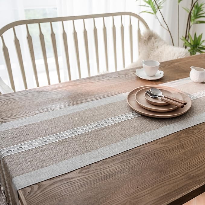 Niviy Farmhouse Table Runner, Embroidered Striped Braided Coffee Boho Table Runner, Cotton Linen Farmhouse Table Decoration for Holiday Party 12 x 132 Inches