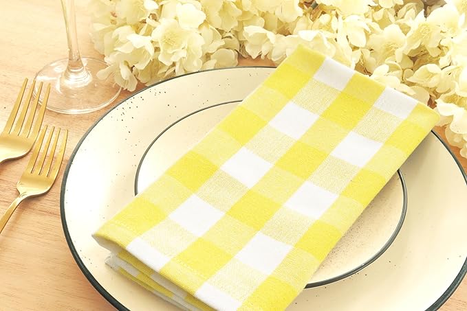 PurpleEssences Buffalo Plaid Cloth Napkins - Mitered Corners - Spring Easter Summer - Gingham Check Dinner Napkin - Set of 12-100% Cotton - 18x18 Inch - Reusable Washable - Yellow and White