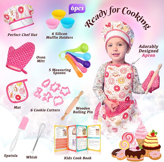 GIFTINBOX Kids Cooking and Baking Chef Set, 25PCS with Kids Apron,Chef Hat & Utensils ids Cooking Set, Toddler Dress Up and Pretend Play Kitchen Toys, Birthday Toys for 3 4 5 6 7 8 Year Old Girls