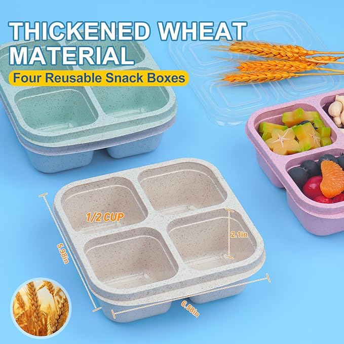 LCHLZZ 4 Pack Snack Containers, 4 Compartments Snackle Box Container, Reusable Meal Prep Lunchable Container for Adults, Microwave Dishwasher Safe, Stackable Bento Snack Boxes for Work, Travel