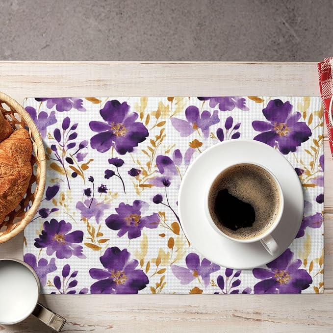 Purple Floral Linen Placemats Set of 4, Gold Accented Flowers Printed Place Mats for Dining Table, Kitchen, Party, Heat Resistant Non-Slip Purple Table Mats, Gift for Wedding, Spring Easter Home Decor