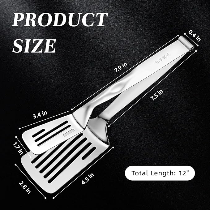 [2-in-1 Detachable Design] 12-Inch 304 Stainless Steel Spatula Tongs, Rust-Proof Metal Tongs for High Heat Cooking, Professional Food Turner for BBQ and Grilling, Durable Kitchen Essential