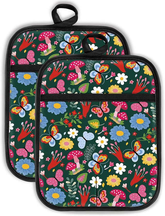 Swooflia 100% Cotton Pot Holders 2 Pack Set for Kitchen with Pockets - Cute 440°F Heat Resistant Oven Hot Pads Heavy Duty for Countertop Home Cooking Baking Microwave BBQ Vintage Floral