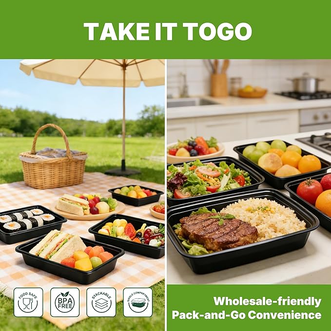 Meal Prep Containers with Lids, Reusable 38oz Rectangle Food Storage, Sturdy Leakproof & Food Safe, Microwave Freezer Dishwasher Safe, To-Go Takeout Plastic Containers, 50 Pack (100-Piece) – 60830