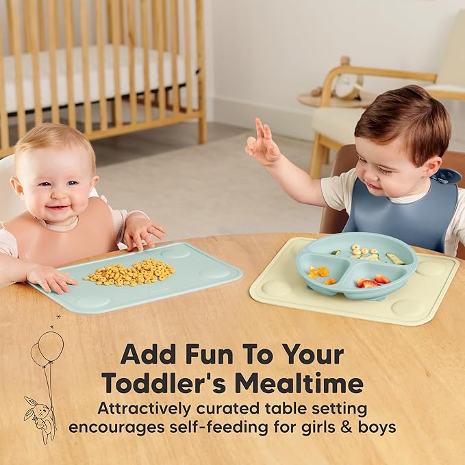KeaBabies 2pk Silicone Placemats for Toddlers,Kids - 12x9 Non Slip Suction Baby Silicone Placemat for Restaurants,Dining Table,Travel,Easy to Clean,Food Grade/BPA-Free,Small Baby Table Mat(Pastel Sky)