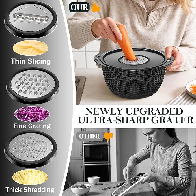 4-1 Colander with Bowl Set - Colander for Kitchen - Rotatable Strainers and Colanders(Patented) - Pasta Strainer - Bowl With Colander & New Upgraded Graters for Fruit Veggie, Kitchen Essentials, Black