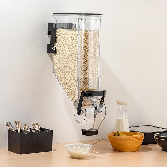 Restaurantware Cereal Dispenser 5 gal Plastic Wall-Mounted Gravity Bin Candy Dispenser Self-Serve Black Dry Food with Wall Mount Brackets for Breakfast Buffet or Hotel Use