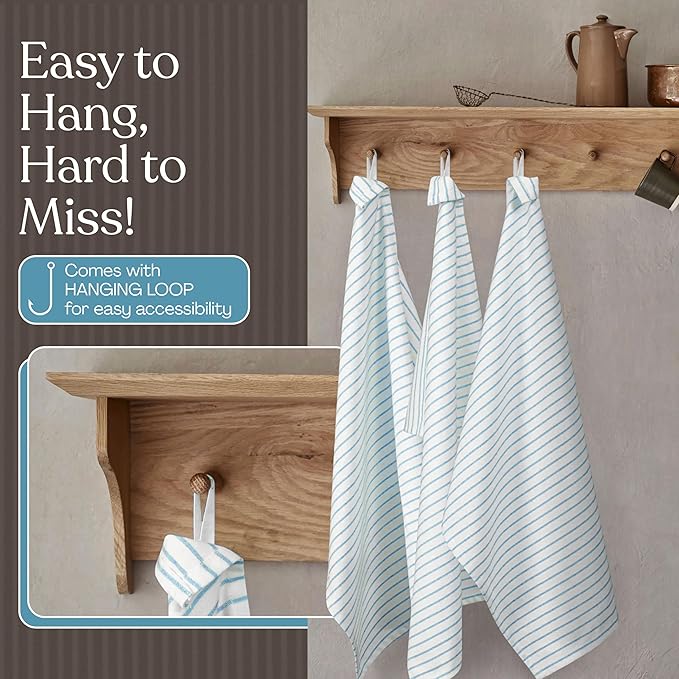 Turquiose Blue Stripe Kitchen Towels, 3 Pack, 100% Cotton, Super Absorbent and Quick Dry, Classic Striped Towel Set, Durable Dish Cloths for Kitchen Use, Cleaning & Drying Dishes