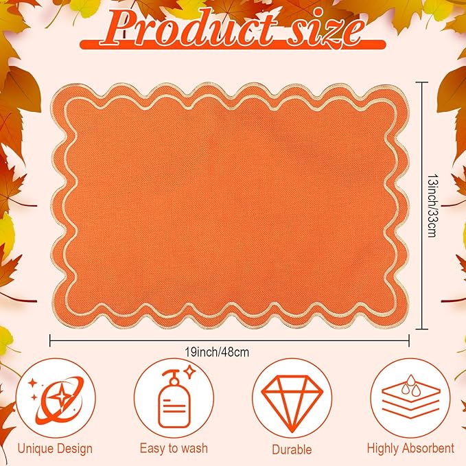 HunnmingRe Set of 6 Cotton Linen Placemats, 13x19 Inch Scalloped Wavy Embroidery Placemat Double Layered Washable Rustic Rectangle Dinner Table Mats for Wedding Home Decor(Orange with Yellow)