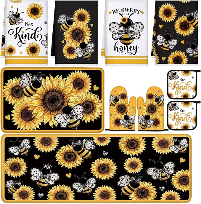 Fourluoo 10 Pcs Sunflower Kitchen Accessory Bee Oven Mitts and Pot Holder Set Retro Black Dish Towel Summer Rugs Mats Farmhouse Kitchen Accessories for Chef Baking Cooking Grilling BBQ Women Home Gift