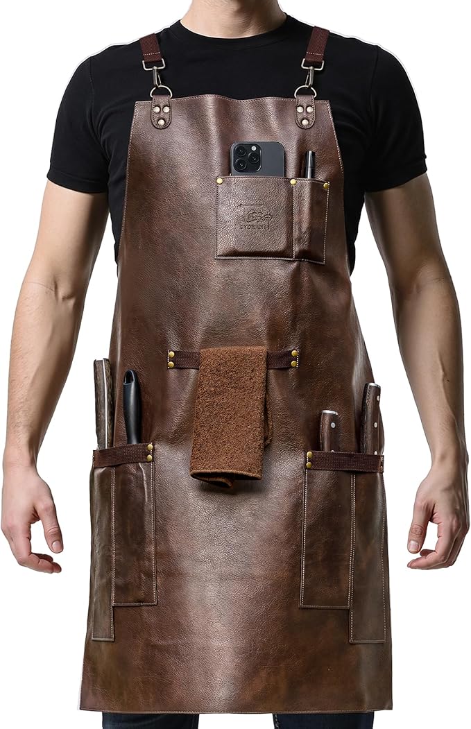 SYOKAMI Leather Chef Cooking Apron for Men, Cross Back Apron for All-Day Comfort, Waterproof Apron with Multiple Pockets, Great for Kitchen, Garden, BBQ, Butcher Work or Crafts, Ideal Gift