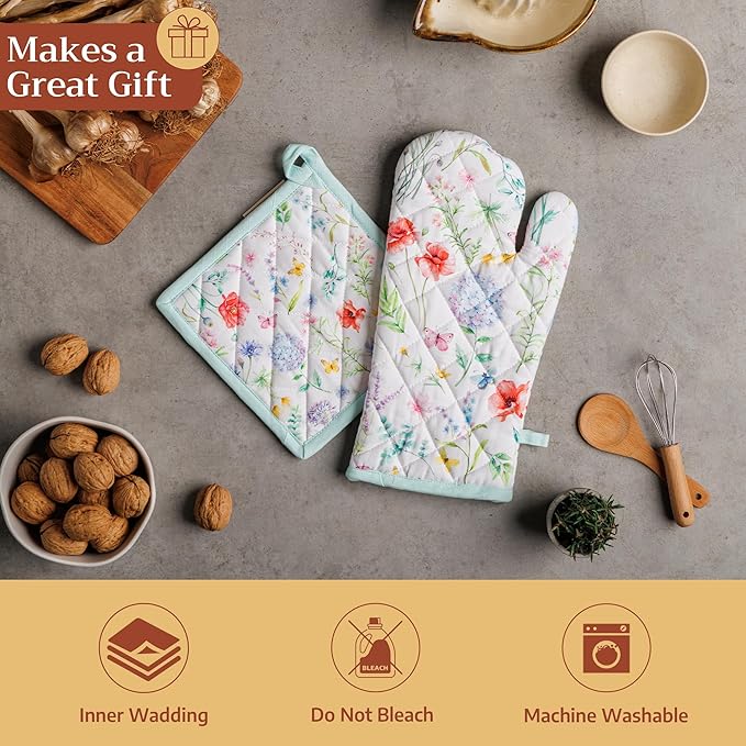 Maison d' Hermine Pot Holders 100% Cotton Heat Resistant Potholders 8" x 8" Hot Pads with Loop BBQ Cooking Baking Gifts for Mothers Day Handling Hot Pans Spring/Summer (Pack of 2, Just Floral)