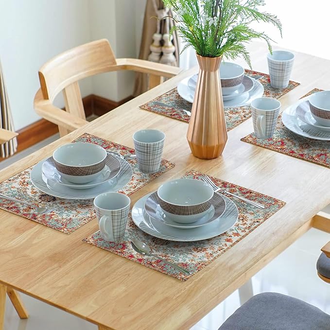 aportt Ethnic Boho Placemats Set of 4 Bohemian Carpet Vintage Black Coral Floral Linen Washable Kitchen Dining Table Mats Stain Heat-Resistant Desktop Decor Place for Home Party Indoor 12x18 in