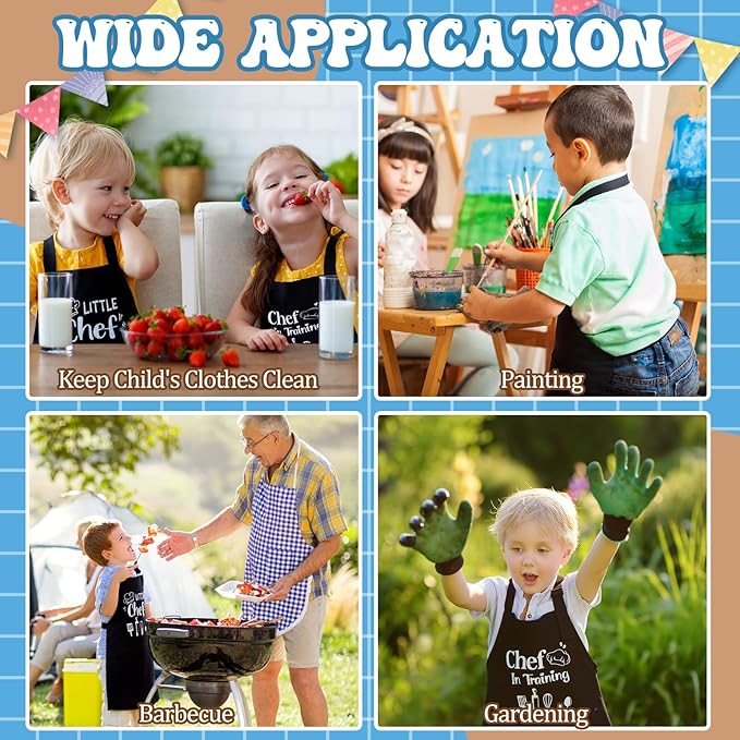 2 Pack Kids Apron and Chef Hat Adjustable Kitchen Cooking Apron with Pockets Kids Funny Apron for Girls Boys