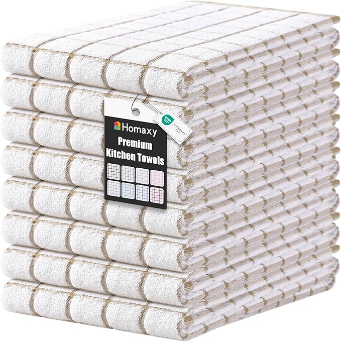 Homaxy Premium Kitchen Towels(16”x 28”, 8 Pack), Large Ring Spun Cotton Dish Towels, Super Absorbent Soft Terry Kitchen Hand Towels, Check Design Tea Towel Set with Hanging Loop, Tan