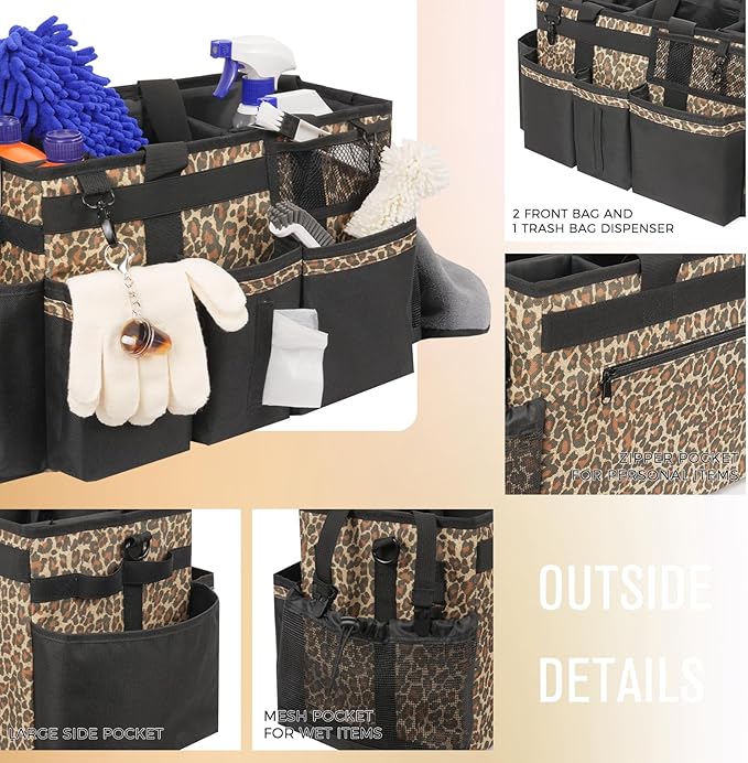 SCAVATA Wearable Cleaning Caddy, Cleaning Caddy Supplies Organizer with Handle & Shoulder Straps for Housekeepers, Under Sink & Car Cleaning Tool Organizers Bag with 4 Foldable Divider (Leopard)