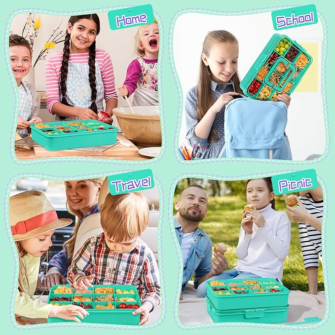 Xyptorix Snack Box Container for Kids - Adjustable 12-Compartment Snack Containers, Reusable Bento Box, Dishwasher Safe, BPA-Free, Perfect for School, Travel, Camping & Picnic, Green, Large