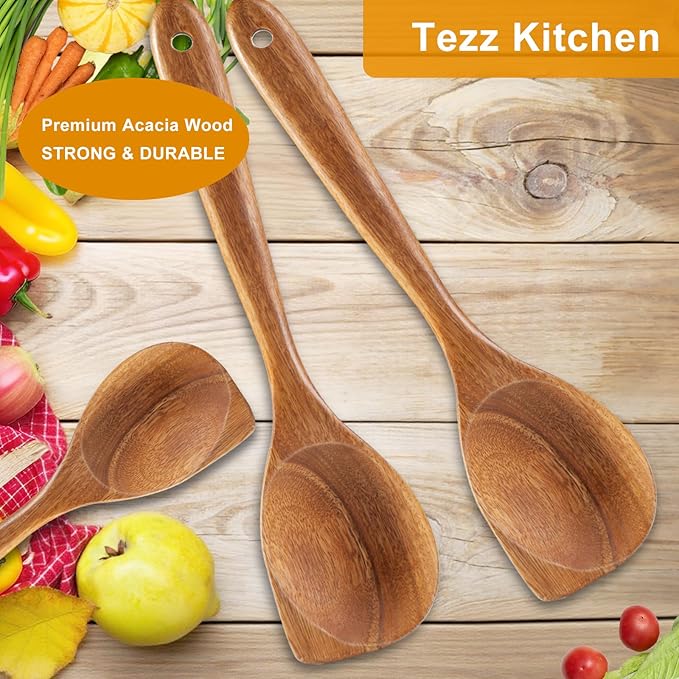 2 Pack Premium wooden spoons for cooking - Acacia Wood Kitchen utensils for Cooking and Stirring, Durable Hardwood Stirring Spoon, Non-Scratch Cooking utensil Tool, Ergonomic Handle 13 Inches