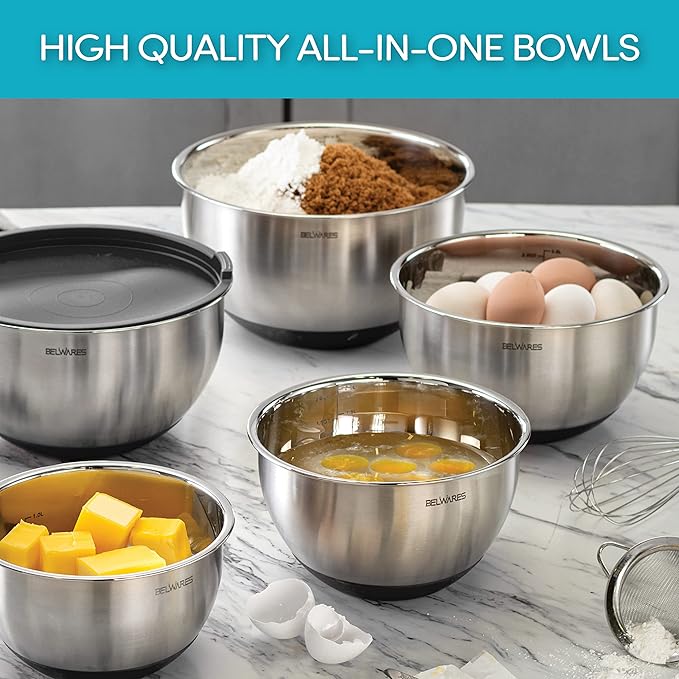 Belwares Mixing Bowls with Lids Set of 5 - Stainless Steel Mixing Bowl Set, Nesting Metal Bowls with Non Slip Bottoms + 3 Grater Attachments, Airtight Lids for Baking, Food Prep + Storage, Black