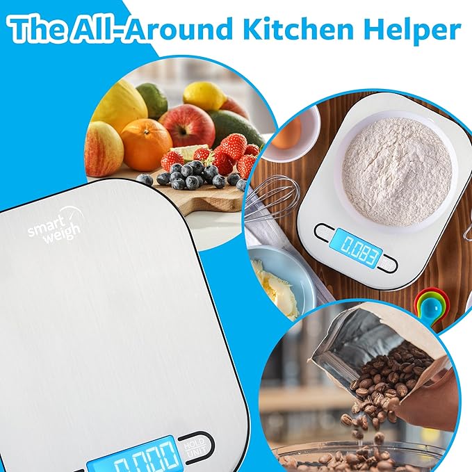 Smart Weigh Stainless Steel Digital Kitchen Scale for Cooking, Weight Loss, Calorie Tracking, Baking, Food Portion Control, and Meal Prep - Accurate Measurements in Grams and Ounces