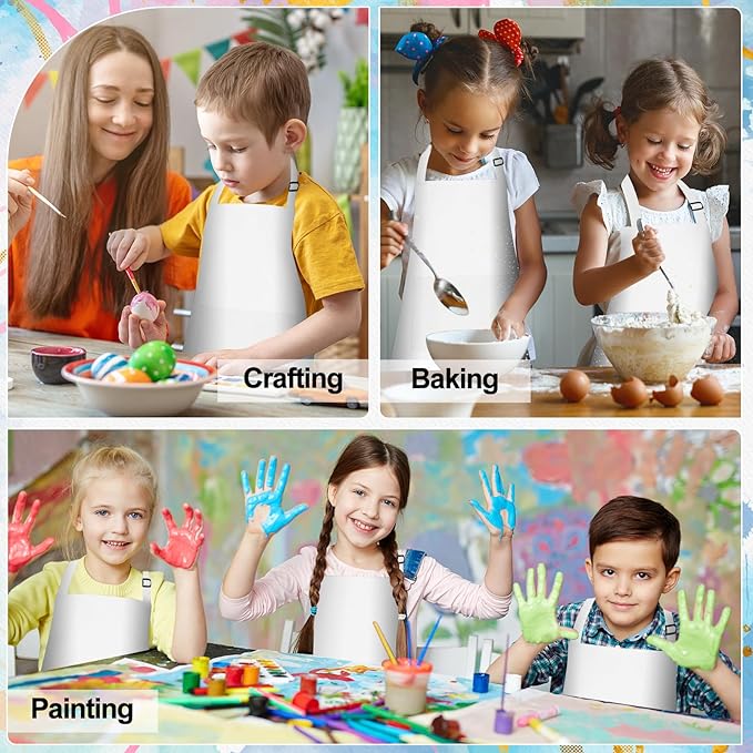 PLULON 6 Pcs Kids Aprons with 2 Pockets Painting Aprons for Kids Aprons Bulk, Paint Apron Adjustable Children Chef Aprons for Girls Boys Painting Baking Cooking Crafting - White