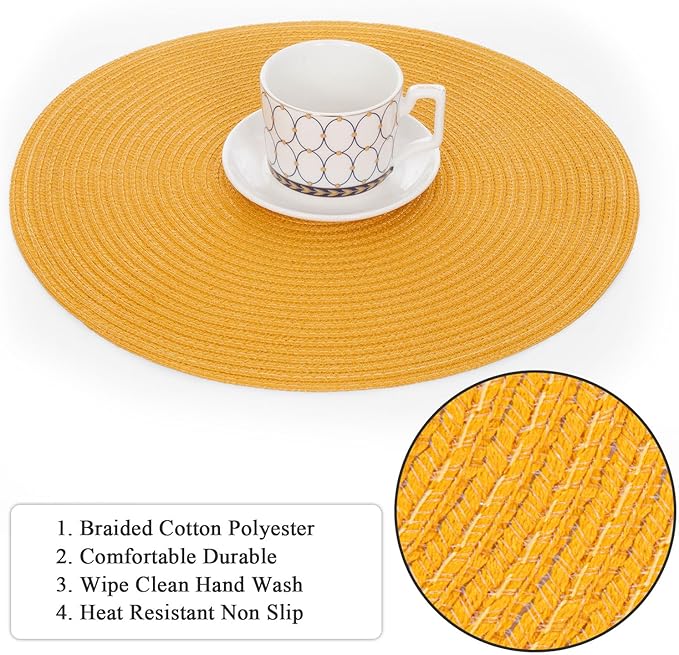 SHACOS 15 inch Round Braided Placemats Set of 6 Non Slip Washable Kitchen Table Place Mats Cotton Polyester Heat Resistant Table Mats for Home Wedding Dinner Party Table Decor, Mustard Yellow