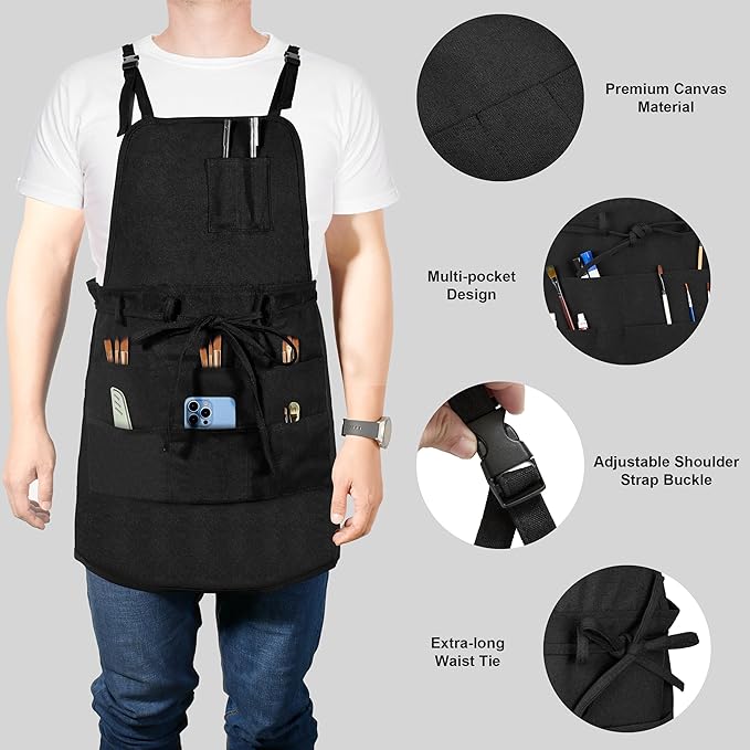 MyLifeUNIT Artist Apron, Adjustable Painting Apron with 10 Pockets for Arts and Craft, Black Canvas Pottery Apron for Women Men (Shoulder Straps Apron)