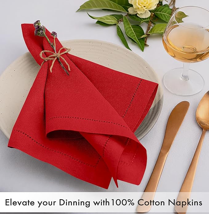 Ruvanti Cloth Napkins Set of 12, 100% Cotton High GSM 18x18 Inches, Hem Stitched Corners, Soft, Washable, Durable & Absorbent, Perfect for Parties, Christmas, Thanksgiving Dinners – Flame Scarlet