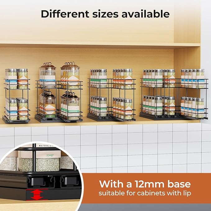 Mystozer Pull Out Spice Rack Organizer for Cabinet, Slide Out Spice Racks, Easy to Install, 7.08" Wx10.43 Dx8.26 H, 2 Drawers 2 Tiers(Black)
