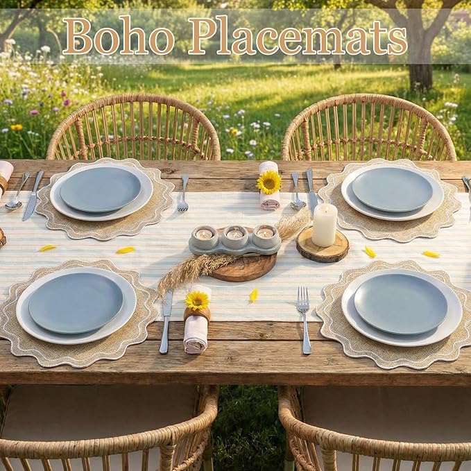 Set of 12 Cotton Linen Placemats, 15x15 Scalloped Flower Embroidery Cloth Table Mats Double Layered Fabric Washable Wrinkle Free Dining Placemat for Restaurant Kitchen Decor(Linen with White)