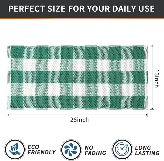 Mordimy 100% Cotton Waffle Weave Kitchen Towels, 13 x 28 Inches, Super Soft and Absorbent Buffalo Check Dish Towels for Drying Dishes, 4-Pack, White & Dark Green