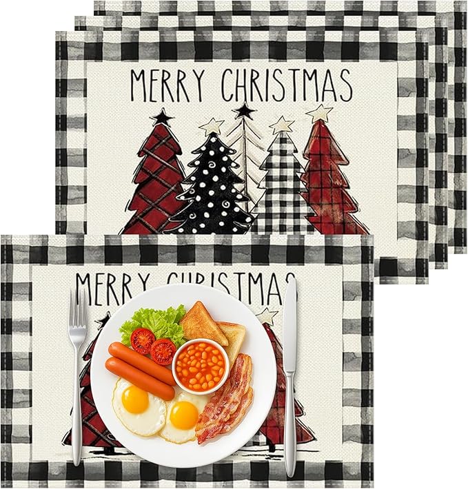 Bloss Christmas Placemats Set of 4,Buffalo Plaid Merry Christmas Trees Table Placemats,12x18 Inch Seasonal Winter Xmas Holiday Kitchen Dining Tables Mats Set of 4 for Indoor/Outdoor Home Party Decor