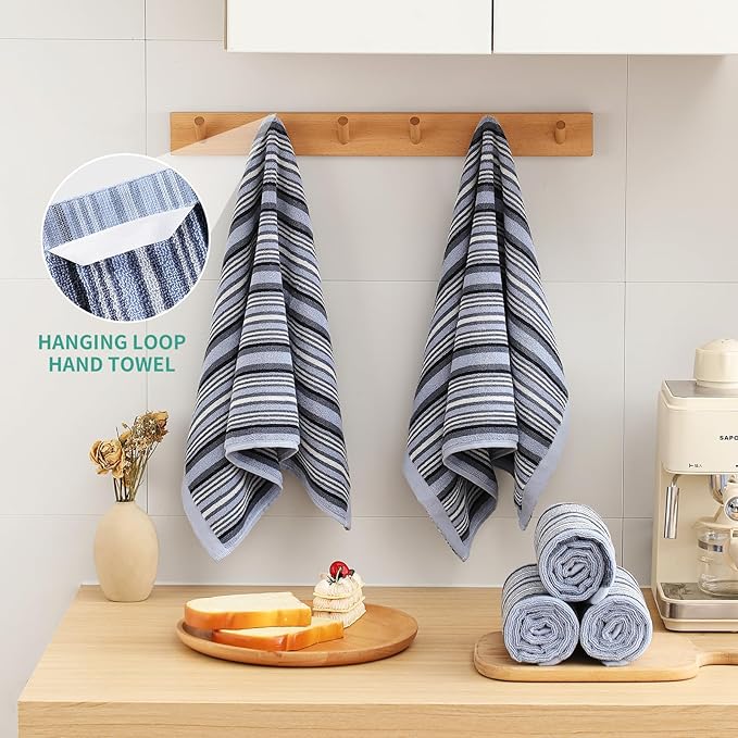 SALAS Premium Cotton Kitchen Dish Towels for Drying Dishes,Large Long Kitchen Hand Towels, Thick Highly Absorbent Dish Clothes Tea Towel Sets with Hanging Loop, 16" X 26", 4 Pcs, Blue