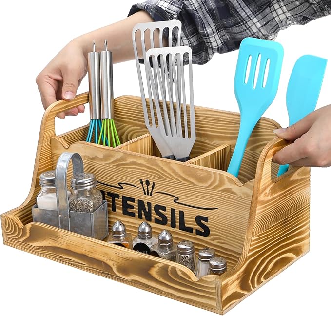 Noamus 15" Kitchen Utensil Holder with Spice Bottles Tray, Extra Large Wood Countertop Utensil Organizer with Handles, 4 Compartment Cooking Tool Storage Caddy for Home Decor Gift