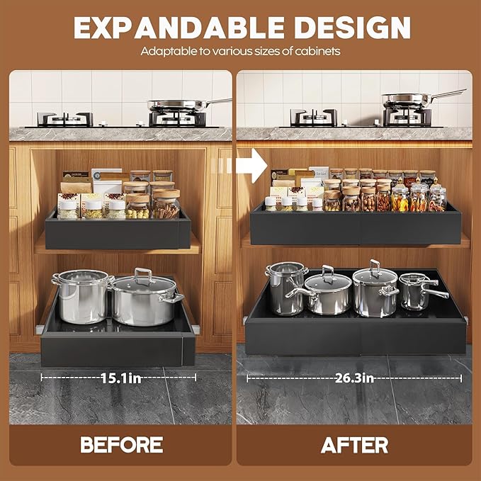 Seinloes 2 Pack Expandable (15.1"-26.3") Pull Out Cabinet Organizer 21" Deep With Raising Pad for Framed Cabinets,Upgrade 3 Slide Rails Slide Out Drawers,No Drill Roll Out Shelves Adhesive,Black