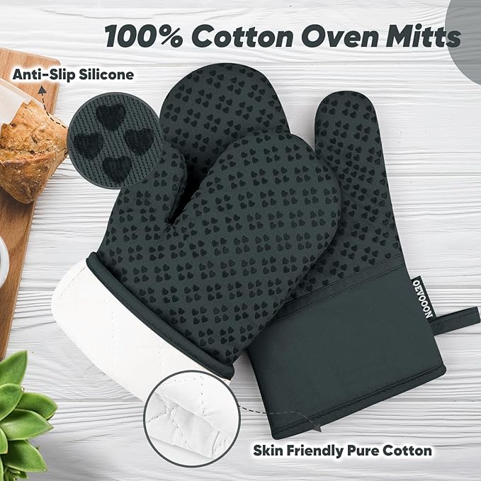 Oven Mitts and Pot Holders 4 Sets, Heat Resistant 500 ℉ Oven Mitt and Pot Holder,Oven Glove&Potholders with Non-Slip Silicone Surface,Kitchen Essentials for Cooking/Baking/BBQ-Deep Green