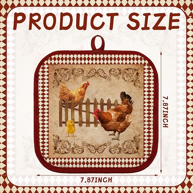 Bencailor 12 Pcs Pot Holders with Pocket Kitchen Hot Potholders Hot Pad Oven Mitts Cookie Bag Oven Gloves for Kitchen Gift Baking Cooking(Brown and Red,Rooster)