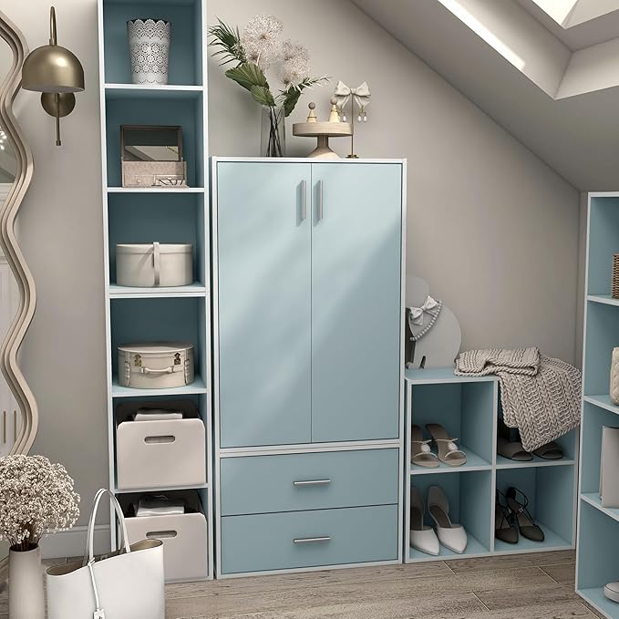 Homes: Inside + Out Apexa 3-Tier Stackable Wood Bookcase with Doors, Cube Storage Organizer Shelves, Small Food Pantry Cabinet, Dorm Teen Room Decor & Bedroom, Home Office, Kitchen, Light Blue