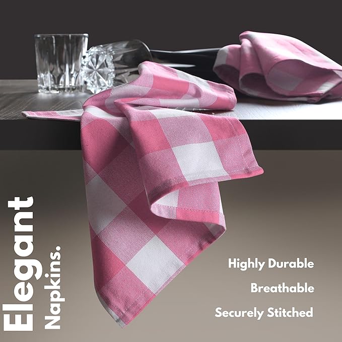 Native Fab Pink Buffalo Check Easter Napkins - Set of 4 (16x16) 100% Cotton, Gingham Checked Everyday Napkin - Soft, Absorbent, Washable Reusable Spring Table Linens for Family Dinner, Pastel Pink