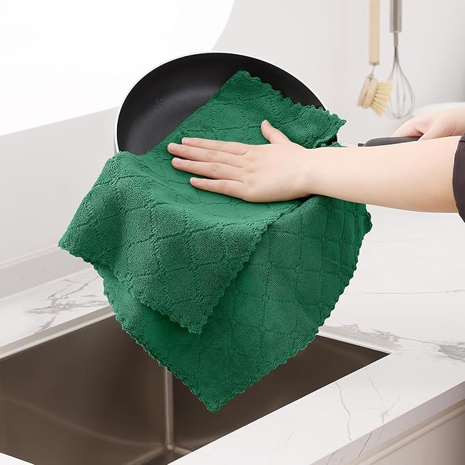 Homaxy 12 Pack Dish Towels for Kitchen (13 x 19 Inches, Dark Green), Super Soft and Absorbent Coral Velvet Dish Cloths for Washing Dishes, Nonstick Oil Fast Drying Microfiber Cleaning Cloth