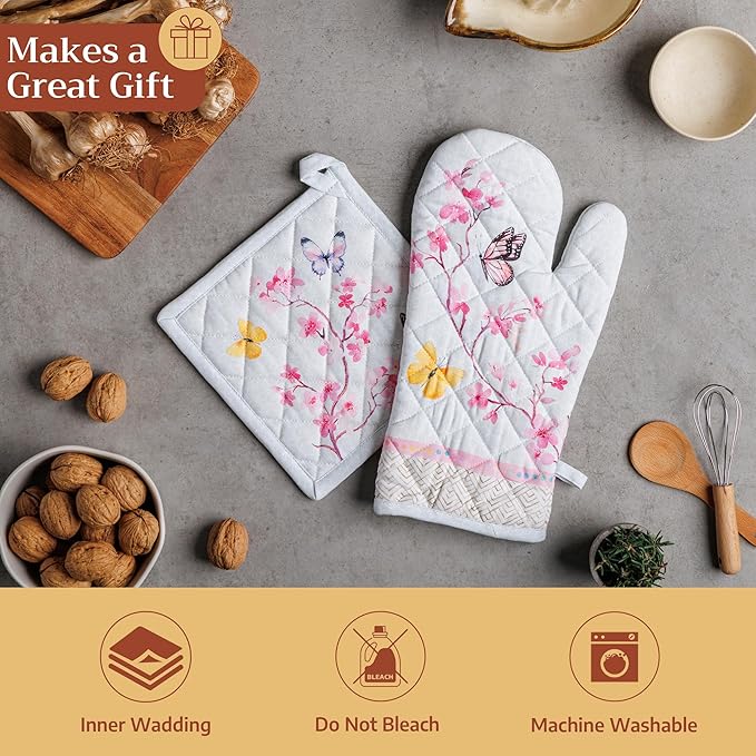 Maison d'Hermine Oven Gloves 100% Cotton Oven Mitt 7" x 13" with Loop Heat Resistant BBQ Cooking Gloves Baking Grilling Gifts for Mothers Day Spring/Summer (Pack of 1, Blossoms in Spring)