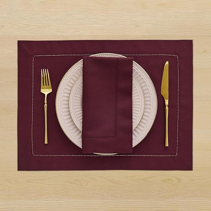 Solino Home Wine Napkins Set of 4 - Cotton Linen Hemstitch Dinner Napkins Cloth 20 x 20 Inch for Mothers Day - Handcrafted and Machine Washable